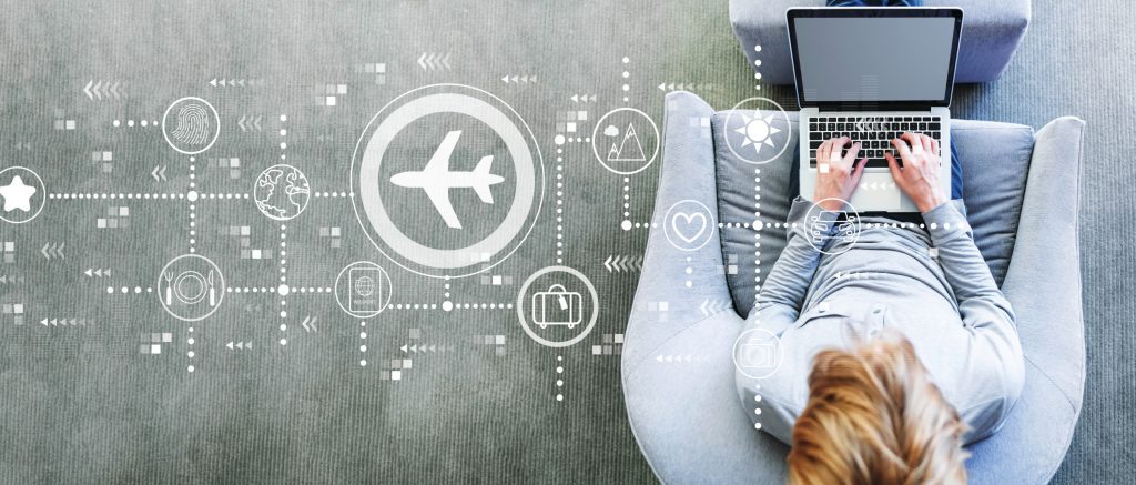 Ilustrație conceptuală pentru planificarea și organizarea călătoriilor de afaceri, cu iconițe de avion și ceas.