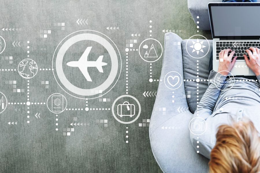 Ilustrație conceptuală pentru planificarea și organizarea călătoriilor de afaceri, cu iconițe de avion și ceas.